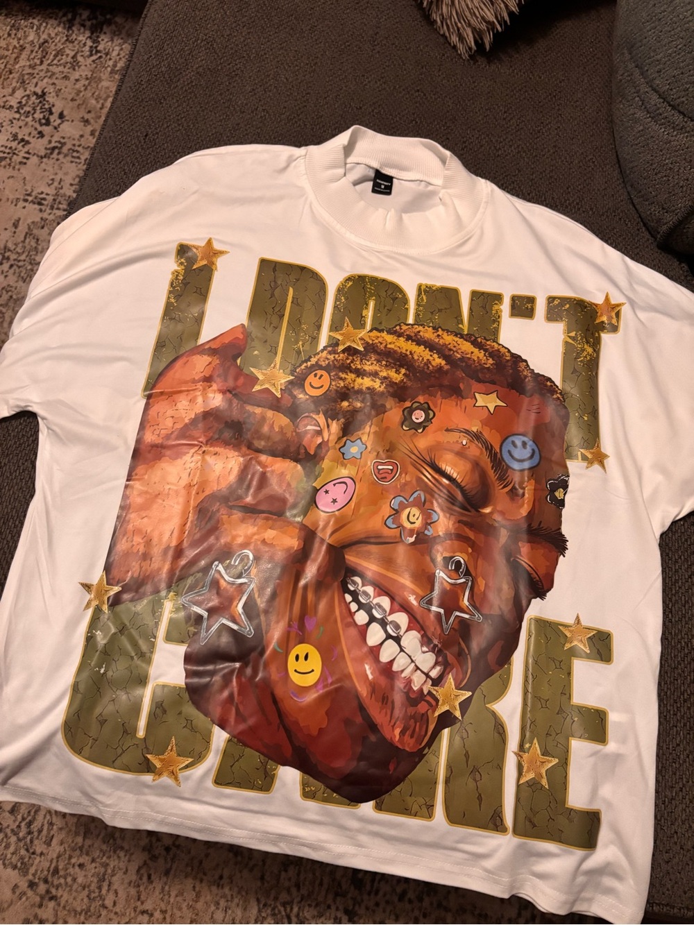 Hype White Tee with Multicolor Gold 'I Don't Care' Face Print NEVER WORN